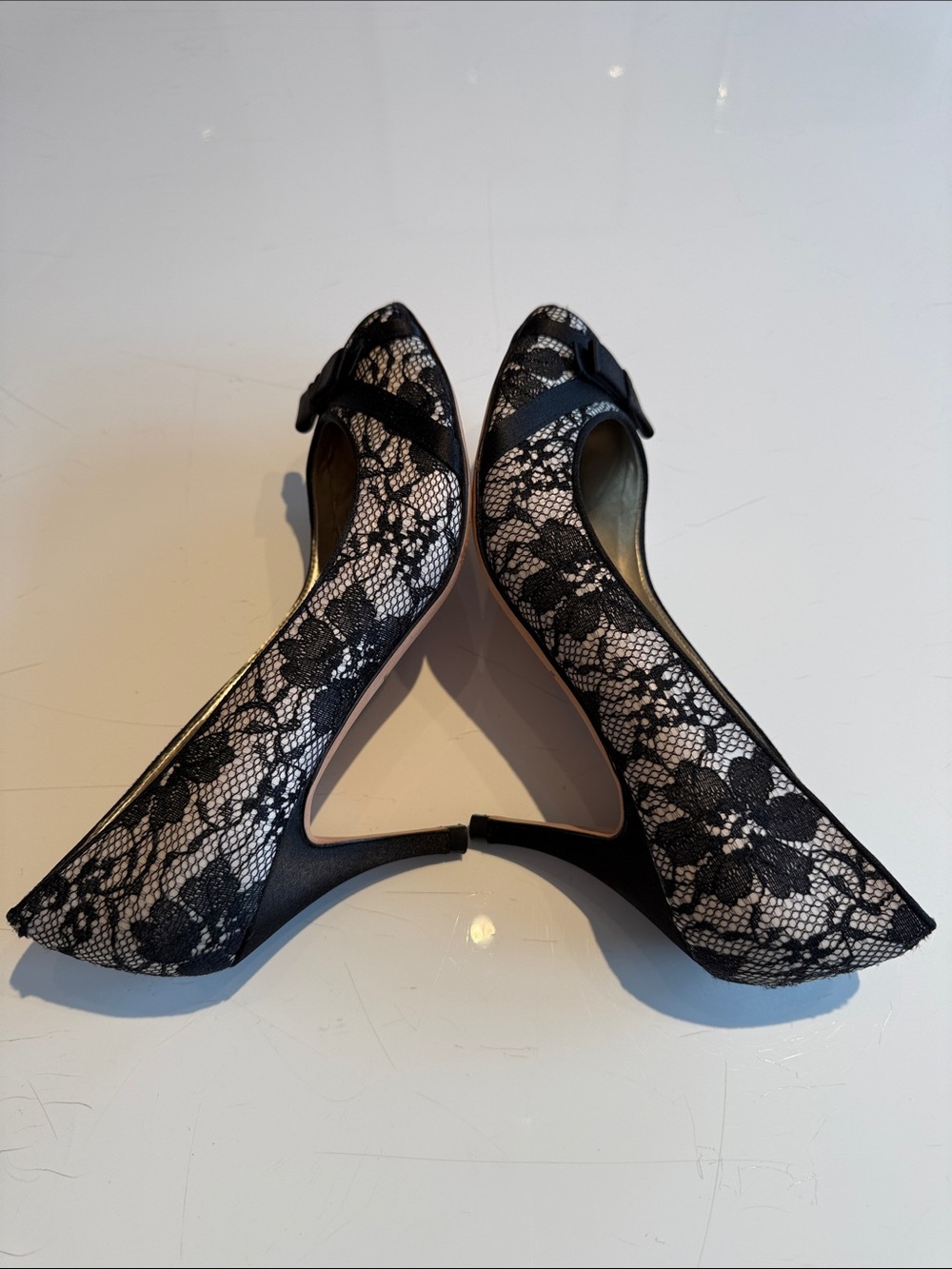 Ann Taylor Monique Black Lace Peep-Toe Heels with Bow Accent 3 inch heel size 8 - Picture 11 of 14